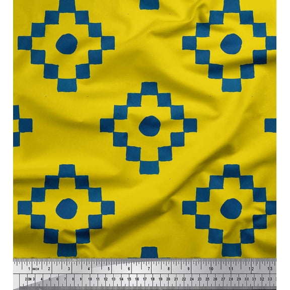 Soimoi Yellow Rayon Fabric Diamond Geometric Printed Fabric 1 Yard 56 Inch Wide