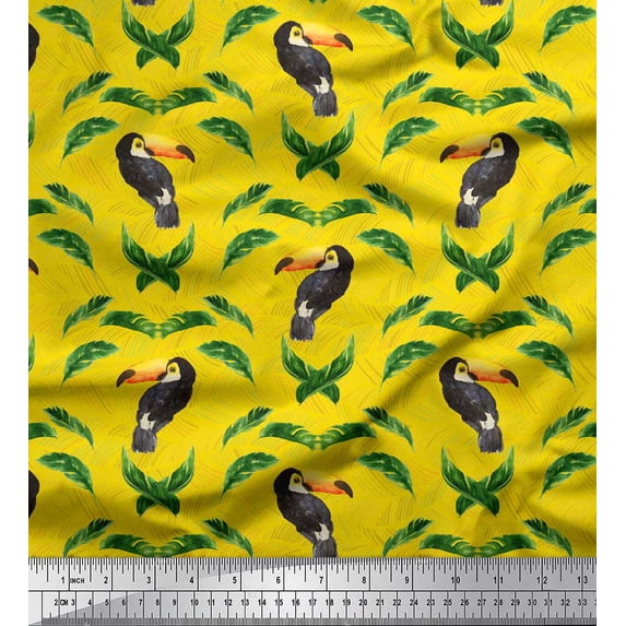 Soimoi Yellow Rayon Fabric Toucan & Leaf Bird Print Fabric by Yard 42 Inch Wide