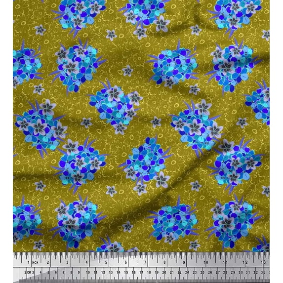 Soimoi Yellow Satin Silk Fabric Aster & Lavender Blue Flower Floral Print Sewing Fabric Yard 42 Inch Wide
