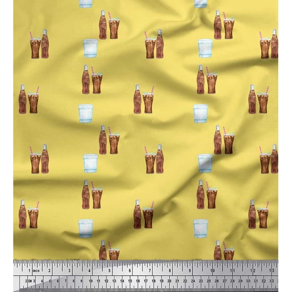 Soimoi Yellow Silk Fabric Bottle & Glass Kitchen Print Fabric by the Yard 42 Inch Wide