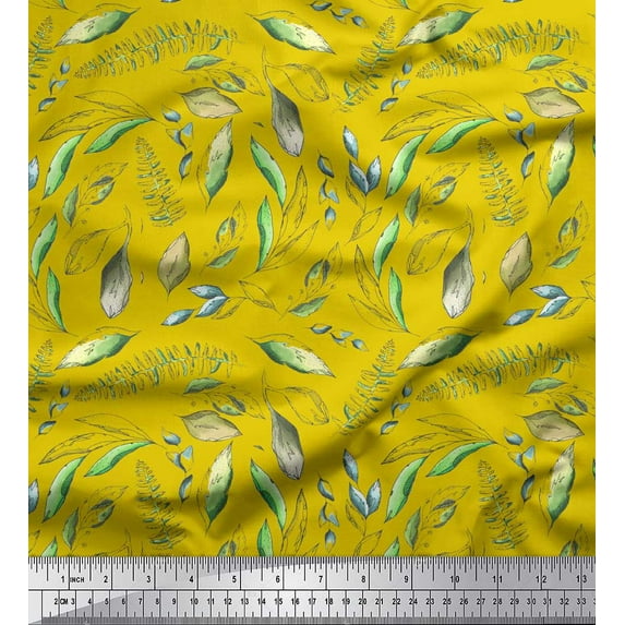 Soimoi Yellow Velvet Fabric Artistic Leaves Print Fabric by the Yard 58 Inch Wide