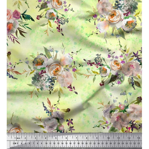 Soimoi Yellow Velvet Fabric Leaves & Ranunculus Floral Print Fabric by the Yard 58 Inch Wide