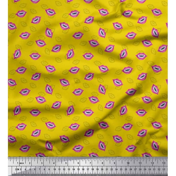 Soimoi Yellow Velvet Fabric Monster Lips & Teeth Face Printed Fabric 1 Yard 58 Inch Wide