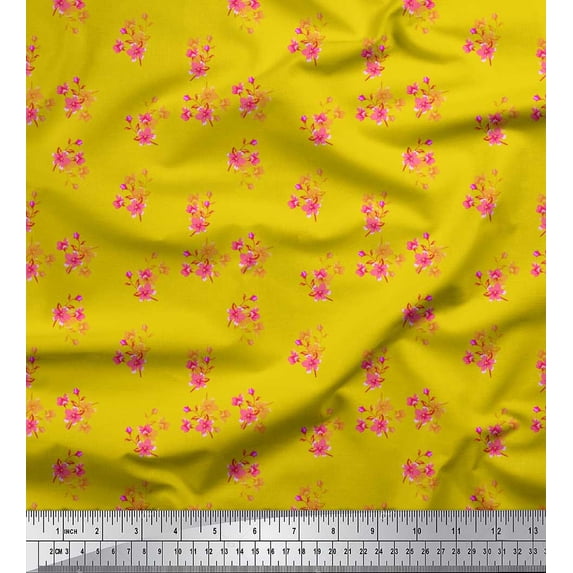 Soimoi Yellow polyester Crepe Fabric Leaves & Periwinkle Floral Decor Fabric Printed Yard 52 Inch Wide
