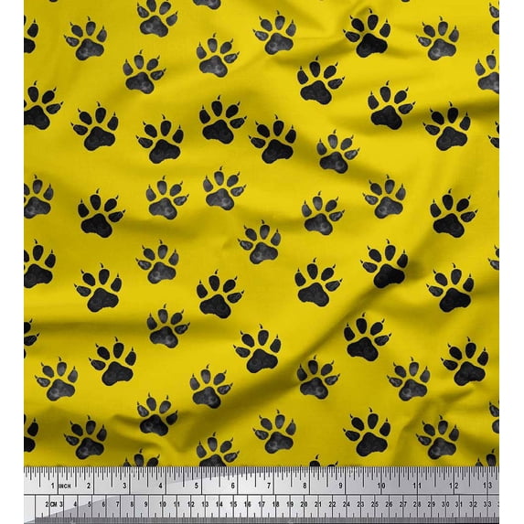Soimoi Yellow polyester Crepe Fabric Lion Stencil Foot Animal Print Fabric by Yard 42 Inch Wide