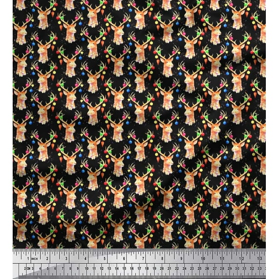 Soimoi polyester Crepe Fabric Christmas Baubles & Reindeer Face Animal Print Fabric by Yard 42 Inch Wide