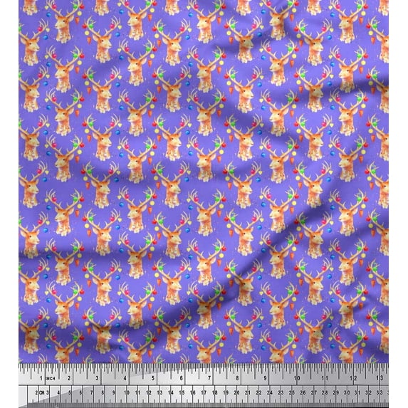 Soimoi polyester Crepe Fabric Christmas Baubles & Reindeer Face Animal Printed Fabric 1 Yard 52 Inch Wide