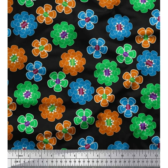 Soimoi polyester Crepe Fabric Colorful Flowers Clip Art Printed Craft Fabric by the Yard 42 Inch Wide