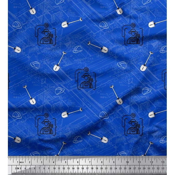 Soimoi polyester Crepe Fabric Construction Helmet & Shovel Tool Hardware Printed Craft Fabric by the Yard 42 Inch Wide