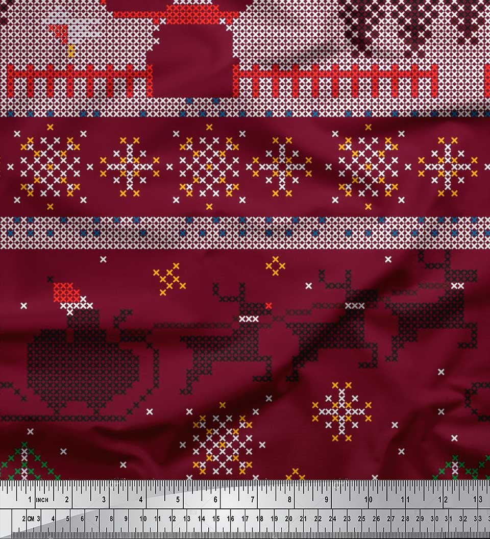Soimoi polyester Crepe Fabric Cross Stitch Christmas Print Fabric by Yard 52 Inch Wide