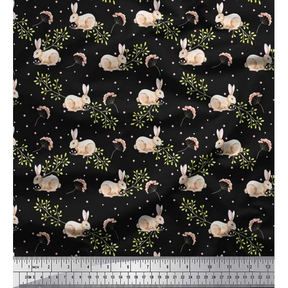 Soimoi polyester Crepe Fabric Dot,Leaves & Rabbit Animal Printed Fabric 1 Yard 42 Inch Wide