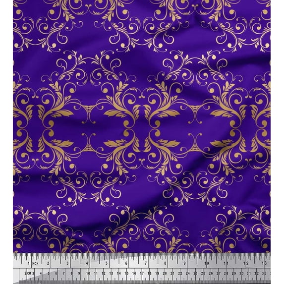 Soimoi polyester Crepe Fabric Filigree Damask Print Fabric by the Yard 52 Inch Wide