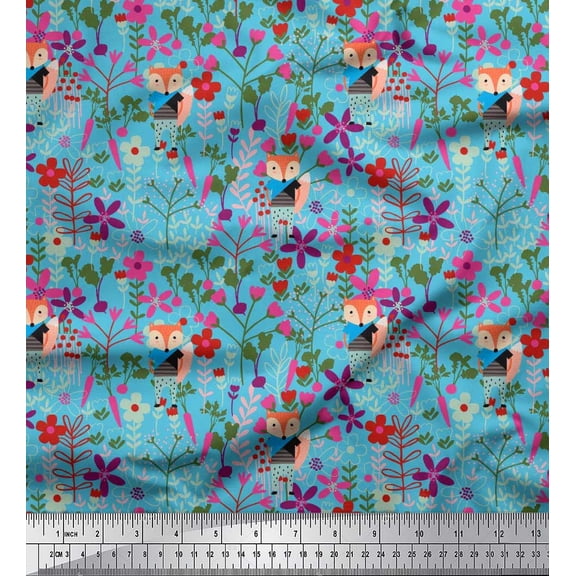 Soimoi polyester Crepe Fabric Fox,Leaves & Floral Clip Art Printed Fabric 1 Yard 42 Inch Wide