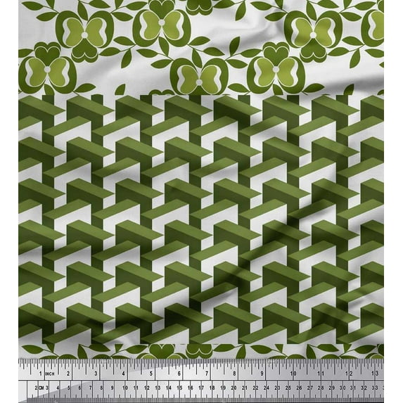 Soimoi polyester Crepe Fabric Geometric Cube,Leaves & Floral Artistic Decor Fabric Printed Yard 52 Inch Wide