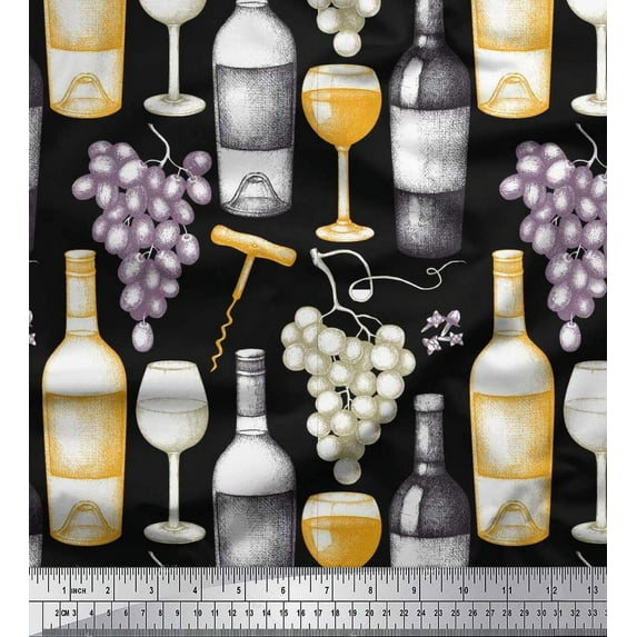 Soimoi polyester Crepe Fabric Grapes,Wine Glass & Bottle Fabric Prints By Yard 42 Inch Wide