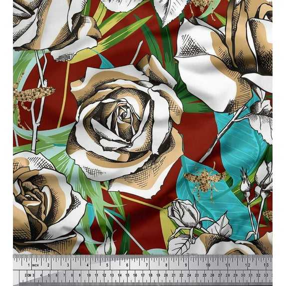 Soimoi polyester Crepe Fabric Leaves,Bee & Rose Flower Decor Fabric Printed Yard 42 Inch Wide