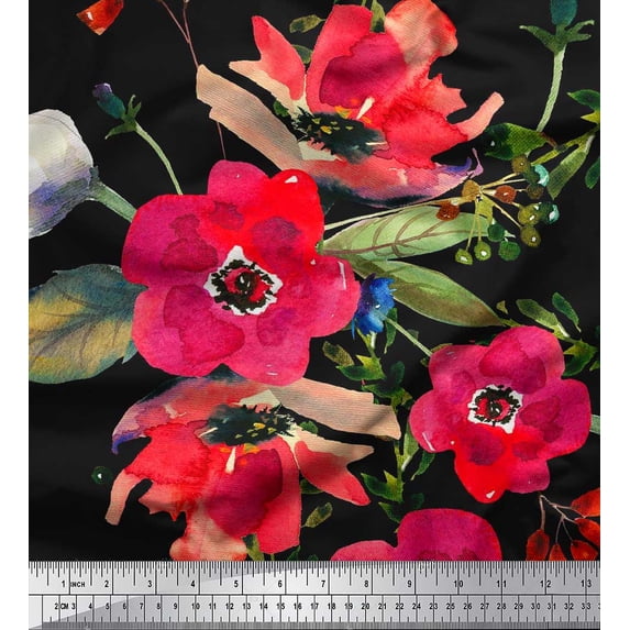 Soimoi polyester Crepe Fabric Leaves & Poppy Flower Print Fabric by the Yard 42 Inch Wide