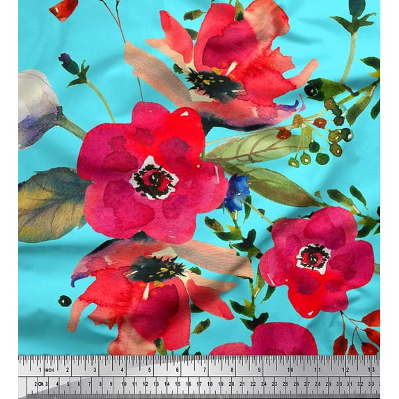 Soimoi polyester Crepe Fabric Leaves & Poppy Flower Print Sewing Fabric Yard 52 Inch Wide