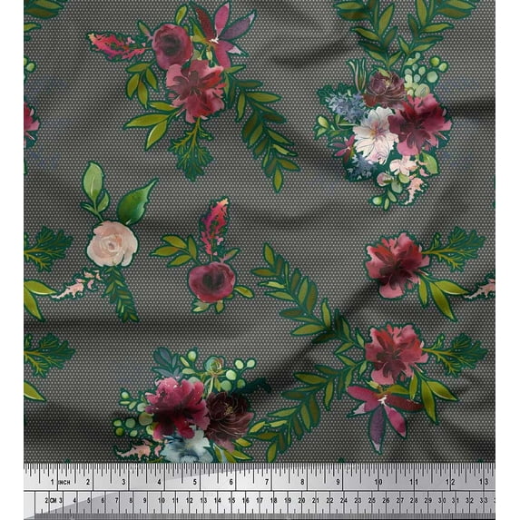 Soimoi polyester Crepe Fabric Leaves & Ranunculus Floral Print Sewing Fabric Yard 52 Inch Wide
