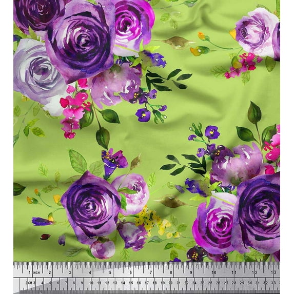Soimoi polyester Crepe Fabric Leaves & Rose Flower Print Fabric by the Yard 42 Inch Wide