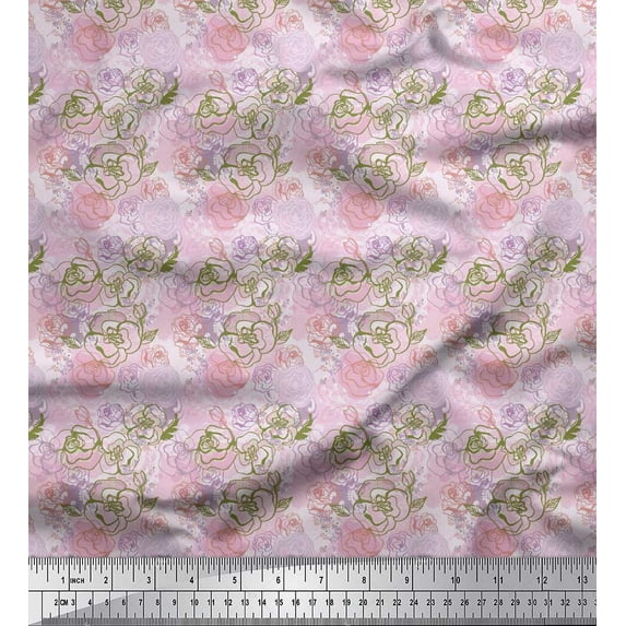 Soimoi polyester Crepe Fabric Leaves & Rose Flower Print Fabric by the Yard 42 Inch Wide