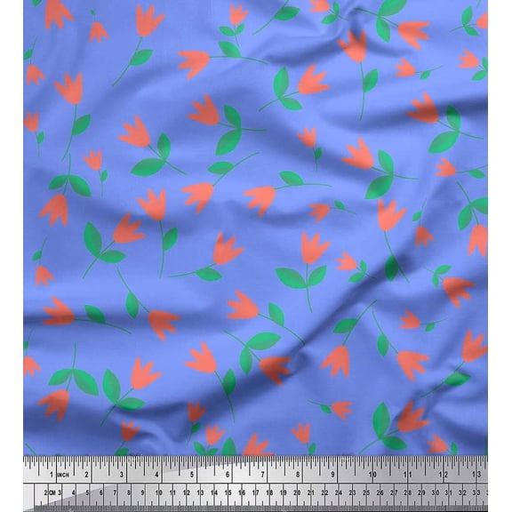 Soimoi polyester Crepe Fabric Leaves & Tulip Flower Clip Art Printed Fabric 1 Yard 42 Inch Wide