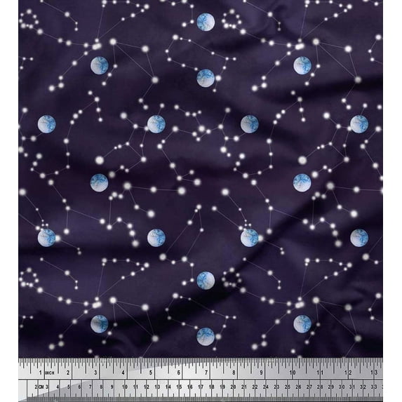 Soimoi polyester Crepe Fabric Moon & Galaxy Printed Craft Fabric by the Yard 42 Inch Wide