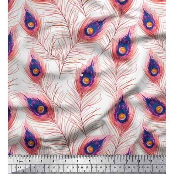 Soimoi polyester Crepe Fabric Peacock Feather Print Fabric by Yard 42 Inch Wide