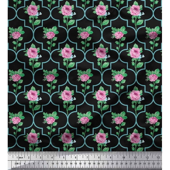 Soimoi polyester Crepe Fabric Quatrefoil Design,Leaves & Rose Floral Print Fabric by Yard 52 Inch Wide