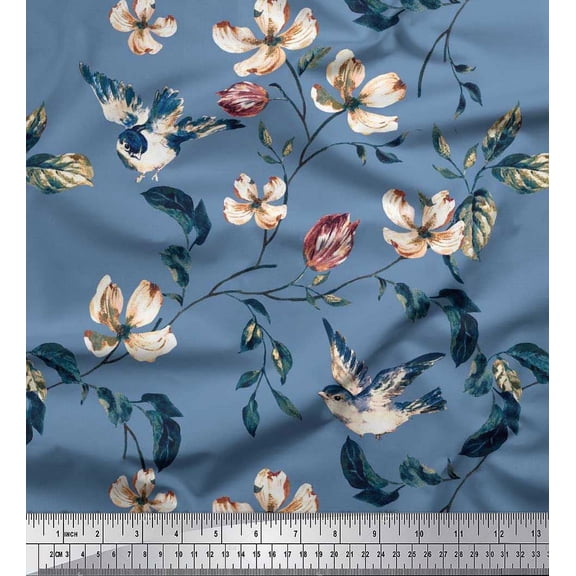 Soimoi polyester Crepe Fabric Robin,Leaves & Wildflower Floral Print Sewing Fabric Yard 52 Inch Wide