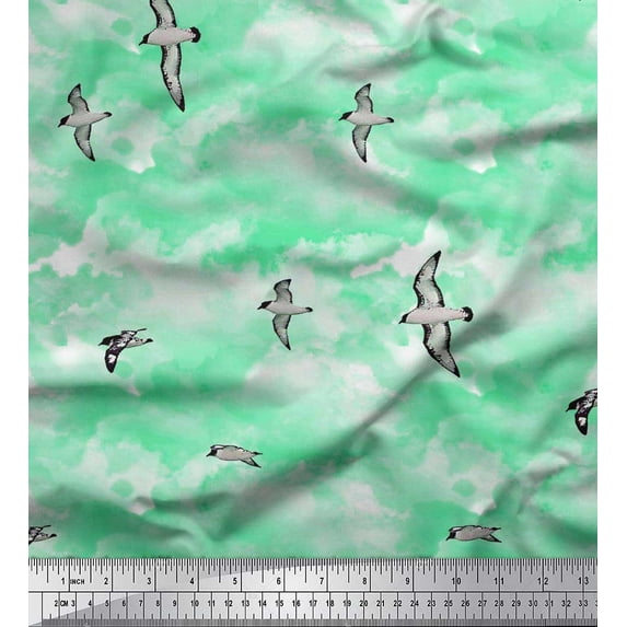 Soimoi polyester Crepe Fabric Sky & Flying Swift Bird Print Fabric by the Yard 42 Inch Wide