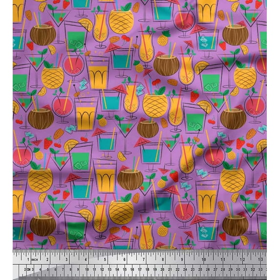 Soimoi polyester Crepe Fabric Straw,Glass & Coconut Drink Summer Designs Print Sewing Fabric Yard 52 Inch Wide