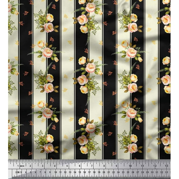 Soimoi polyester Crepe Fabric Stripe,Leaves & Rose Floral Decor Fabric Printed Yard 42 Inch Wide