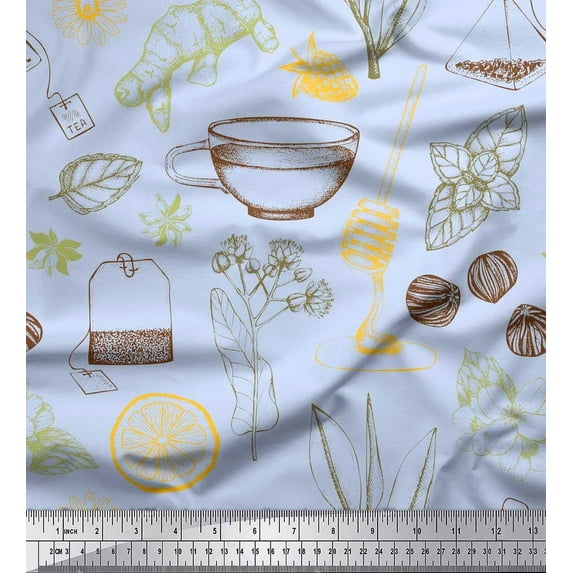 Soimoi polyester Crepe Fabric Tea Cup,Star Anise & Lemon Slice Vegetable Print Fabric by the Yard 42 Inch Wide