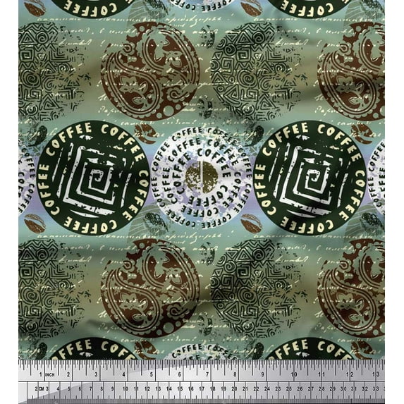 Soimoi polyester Crepe Fabric Text,Floral & Greek Key Block Printed Fabric 1 Yard 42 Inch Wide
