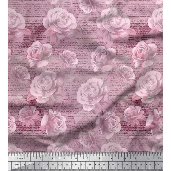 Soimoi polyester Crepe Fabric Text,Leaves & Rose Flower Print Fabric by the Yard 42 Inch Wide