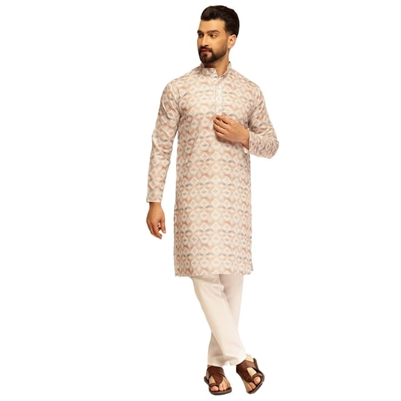 Sojanya (Since 1958) Men'S Cotton Linen Self Design Beige Kurta With White Pyjama