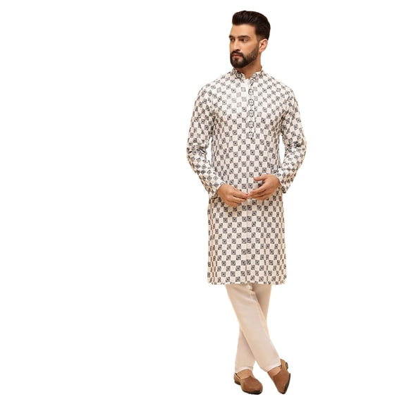 Sojanya (Since 1958) Men'S Cotton Rayon Embroidered Sequinned White Kurta With White Pyjama