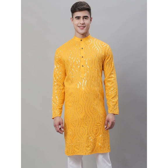 Sojanya (Since 1958) Men'S Pure Cotton Mustard Designer Kurta And White Churidar Pyjama Set