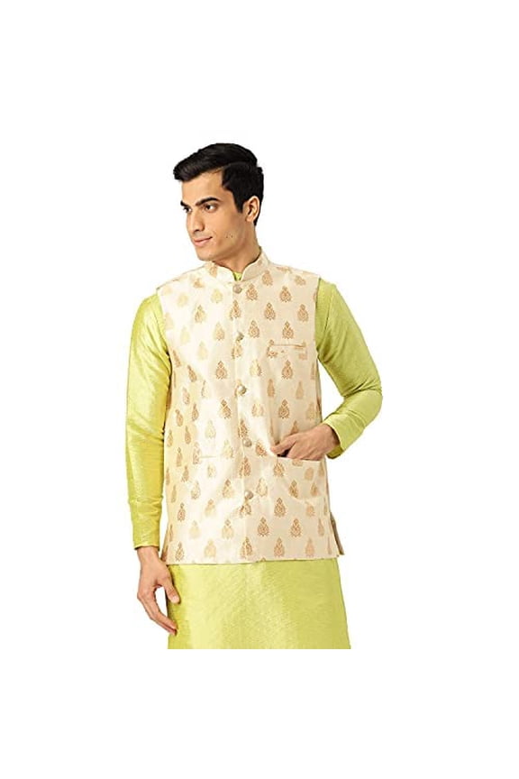 Sojanya (Since 1958) Men'S Silk Blend Beige & Gold Self Design Nehru Jacket, Size 40