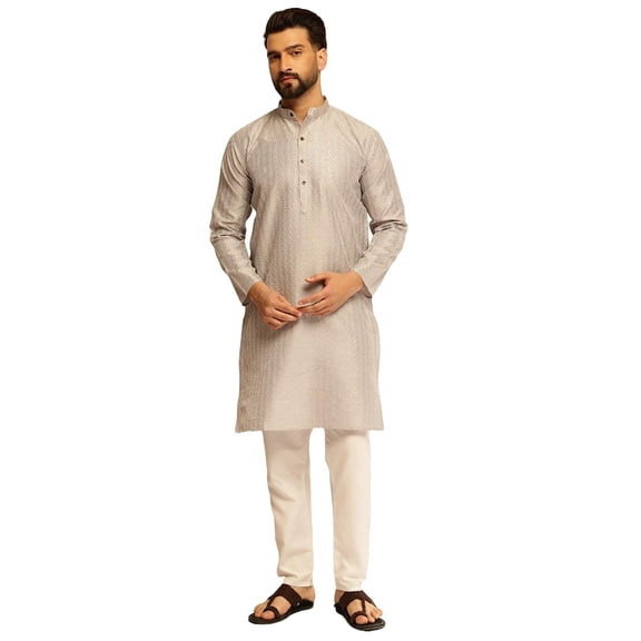 Sojanya (Since 1958) Men'S Silk Blend Contrast White Thread Detailing Grey Kurta With Pyjama