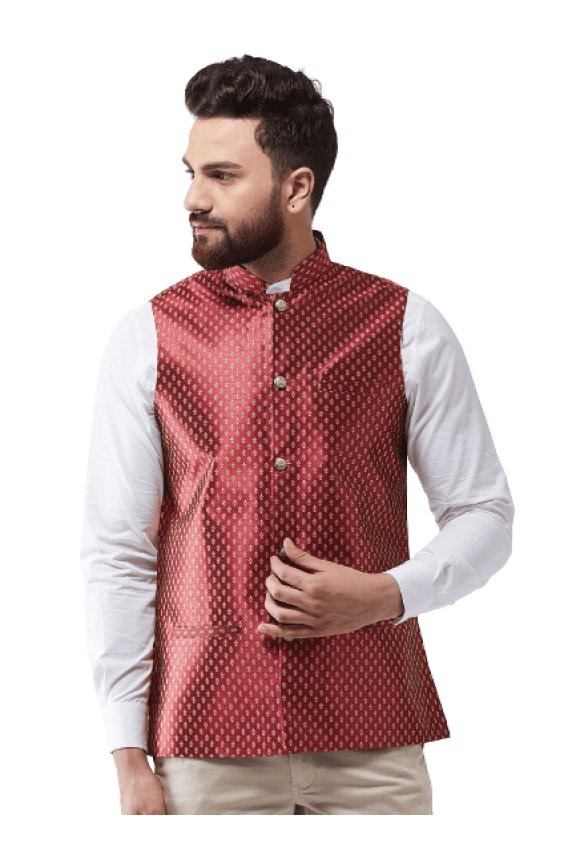 Sojanya (Since 1958) Men'S Silk Blend Maroon & Gold Self Design Nehru Jacket, Size 38