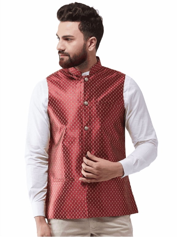 Sojanya (Since 1958) Men'S Silk Blend Maroon & Gold Self Design Nehru Jacket, Size 38