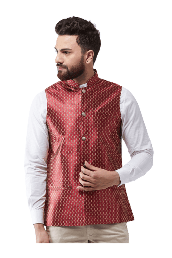 Sojanya (Since 1958) Men'S Silk Blend Maroon & Gold Self Design Nehru Jacket, Size 44