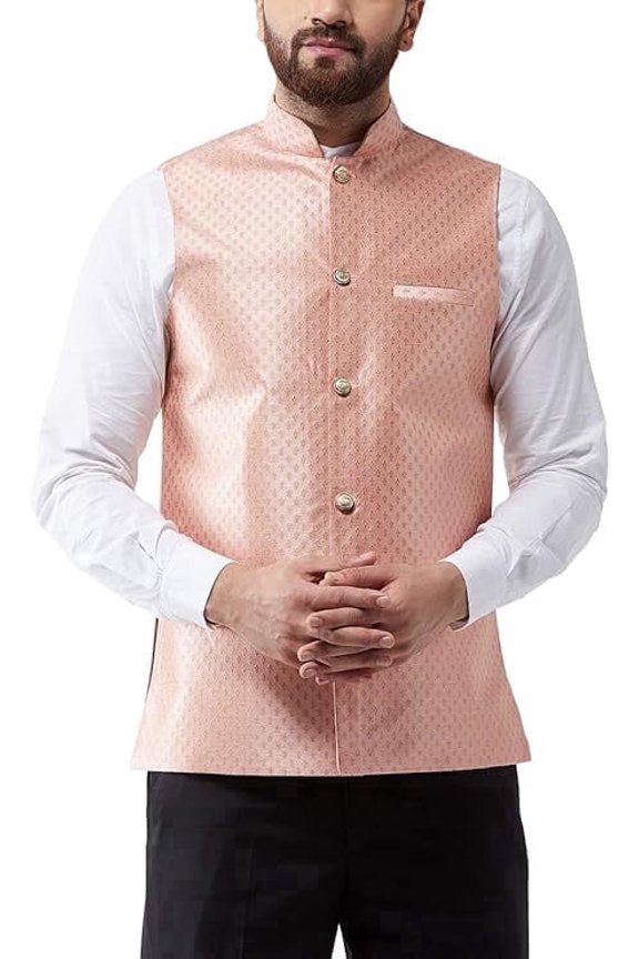 Sojanya (Since 1958) Men'S Silk Blend Peach & Gold Self Design Nehru Jacket, Size 40