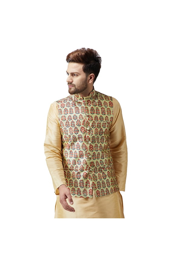 Sojanya (Since 1958) Men'S Silk Blend Red Printed Only Nehru Jacket, Size 42