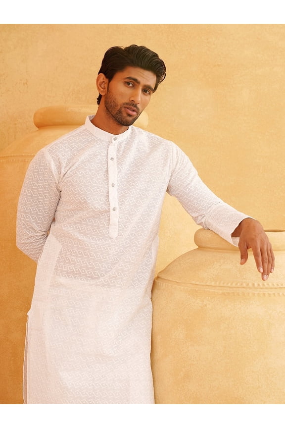 Sojanya (Since 1958) Motifs Embroidered Thread Work Pure Cotton White Straight Only Kurta