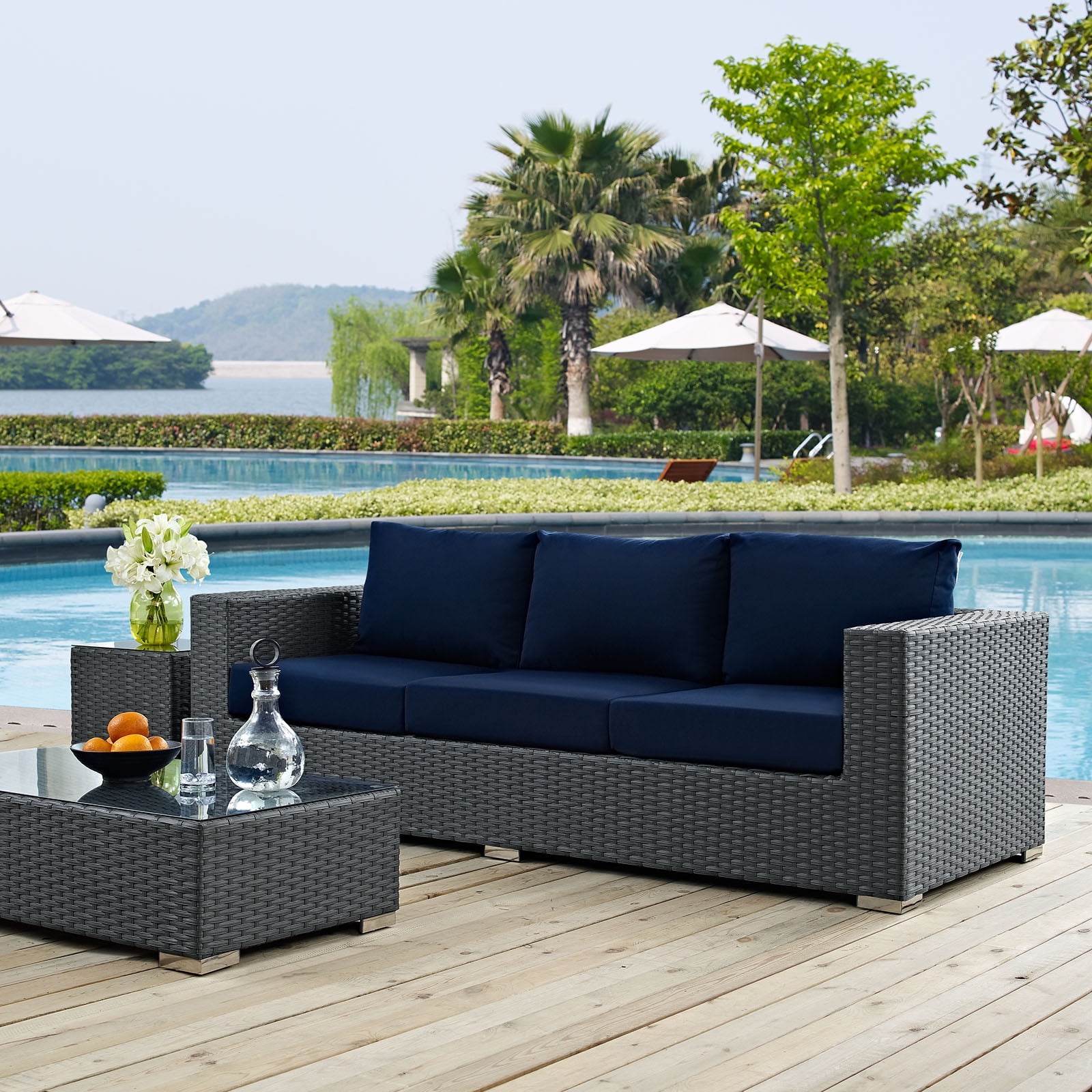 Gray Wicker Rattan Outdoor Sofa with Navy Sunbrella Cushions