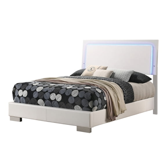 Benjara Sok Full Panel Bed with LED Headboard, Low Profile Footboard, Glossy White