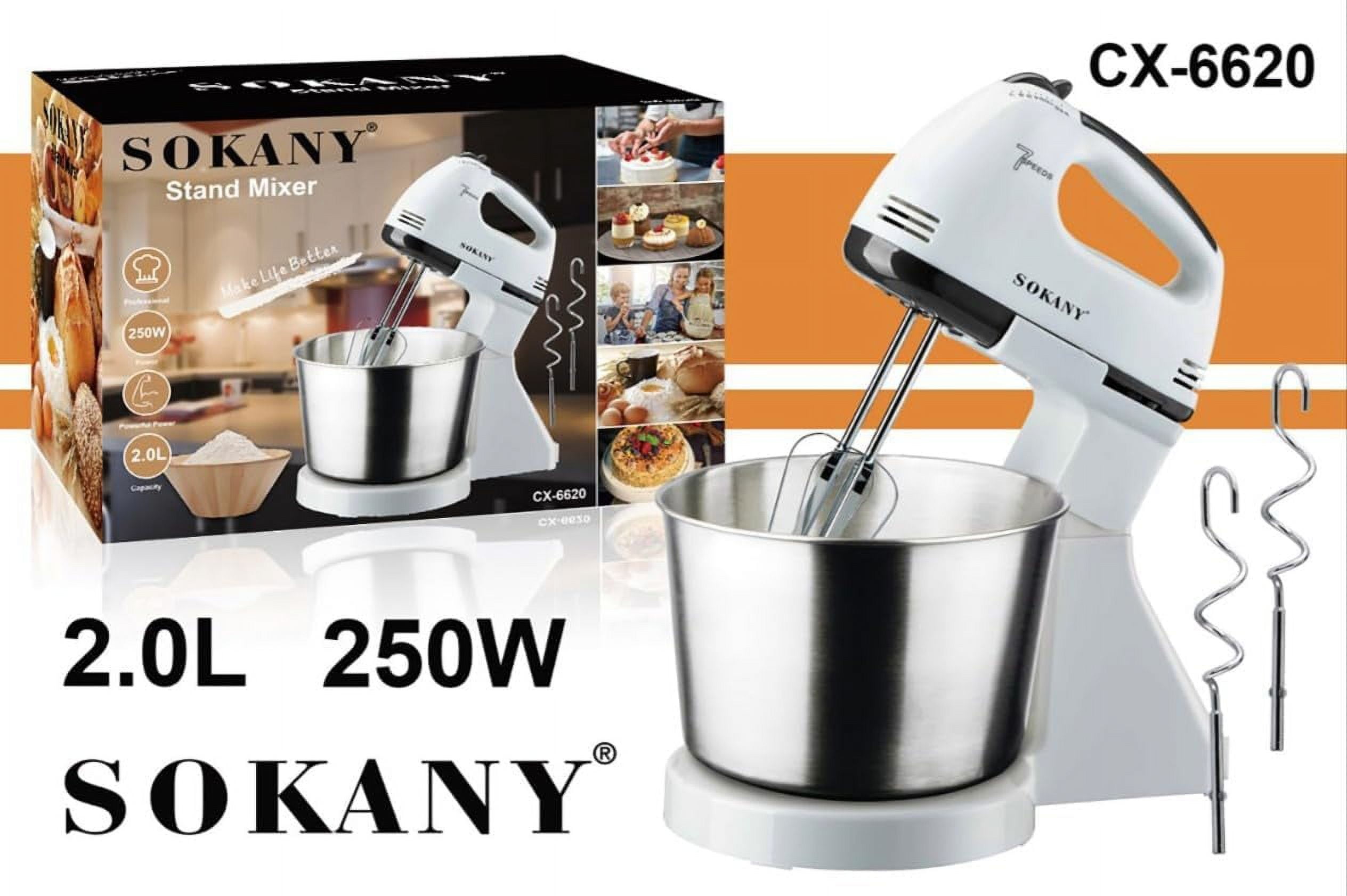 Sokany Stand Mixer, 2.0L, 2 Qt. 250 Watt, 7 Speeds, Small Electric Food
